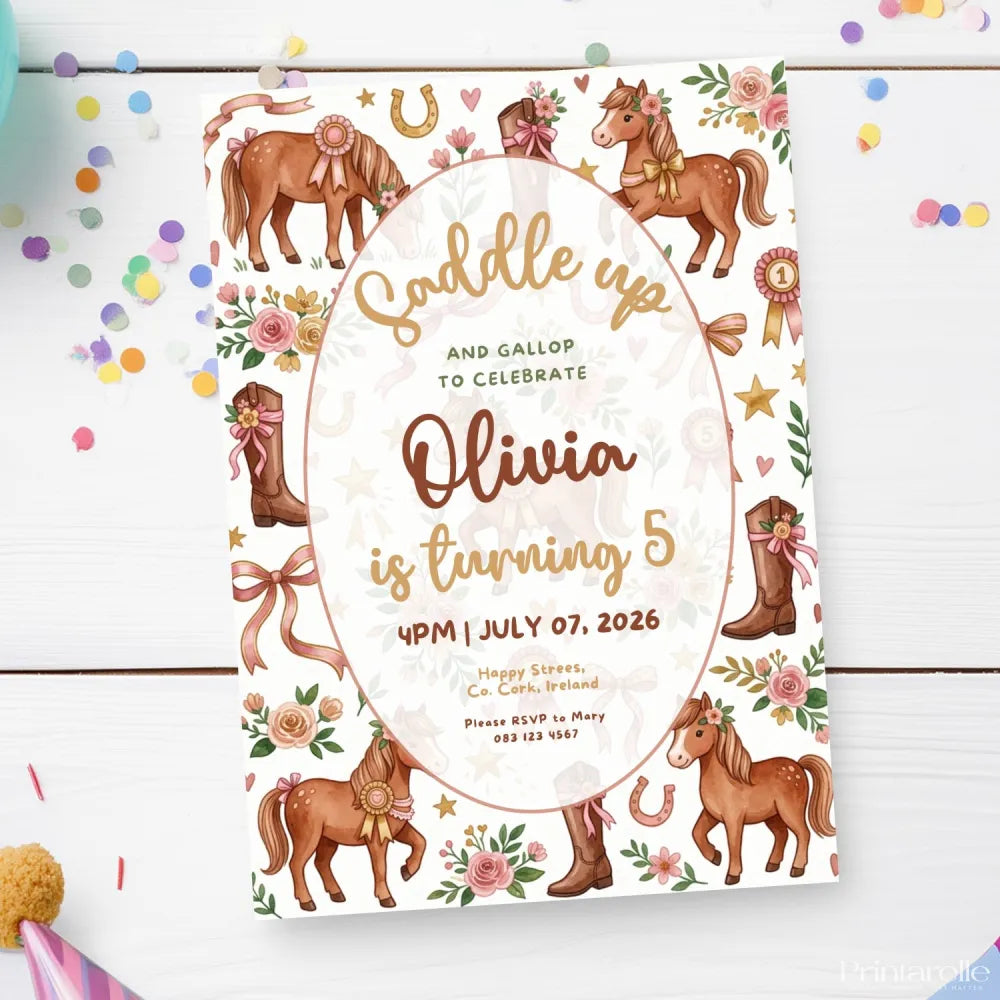 Personalised Horse & Pony Birthday Party Invitation – Watercolour Floral Saddle Up Design - pony birthday, pony