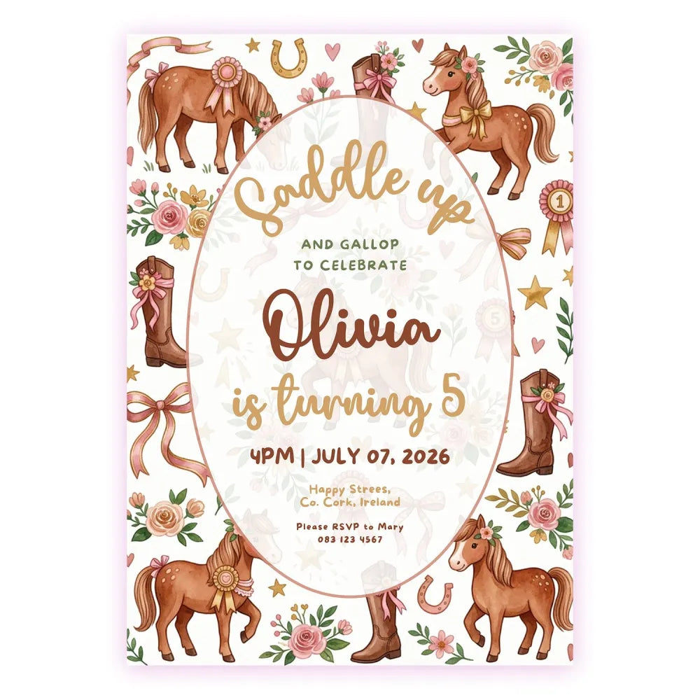 Personalised Horse & Pony Birthday Party Invitation – Watercolour Floral Saddle Up Design - pony birthday, pony