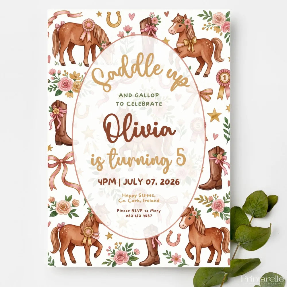 Personalised Horse & Pony Birthday Party Invitation – Watercolour Floral Saddle Up Design - pony birthday, pony