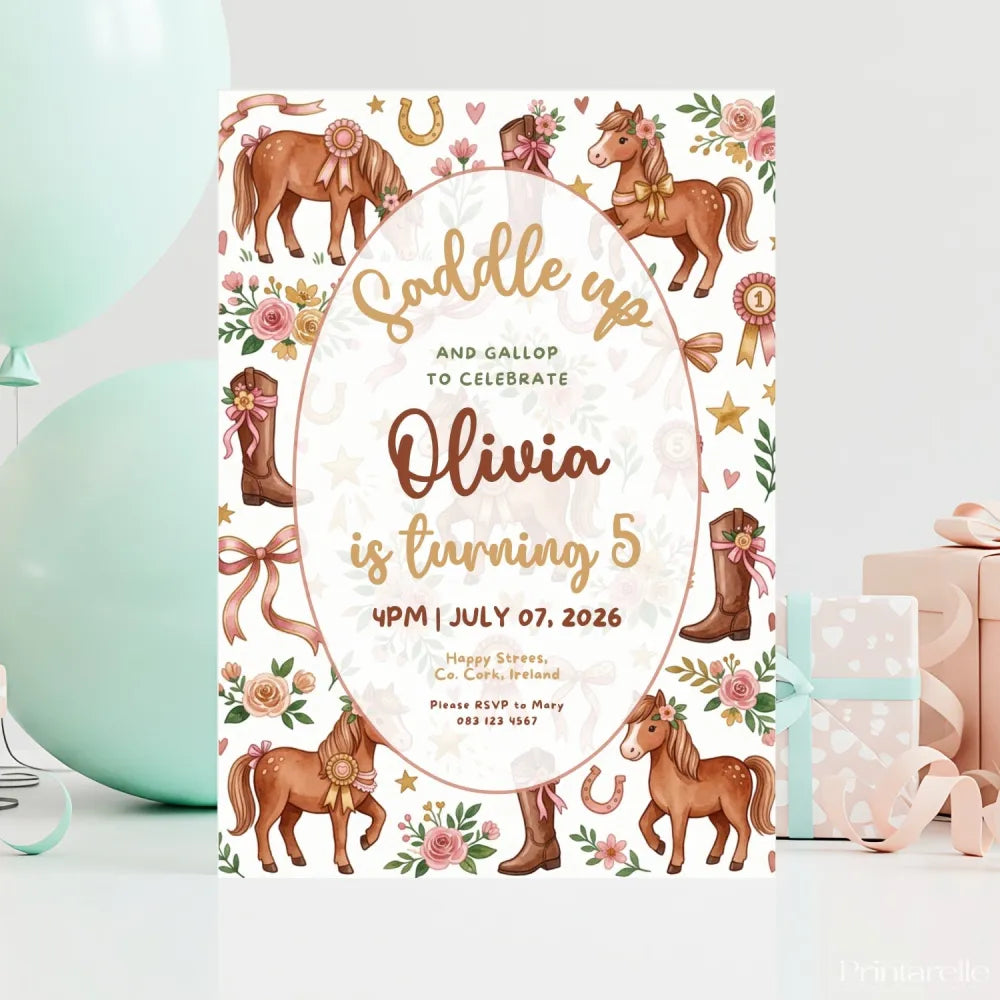 Personalised Horse & Pony Birthday Party Invitation – Watercolour Floral Saddle Up Design - pony birthday, pony