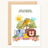 personalised jungle safari 1st birthday card for baby boy with lion giraffe elephant and name