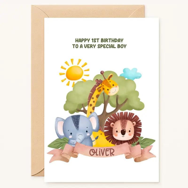 personalised jungle safari 1st birthday card for baby boy with lion giraffe elephant and name