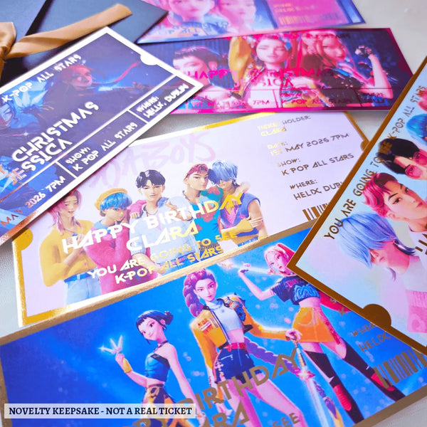 Vibrant personalised foil k-pop concert foil ticket with glossy anime idols for birthday and christmas keepsake gifts