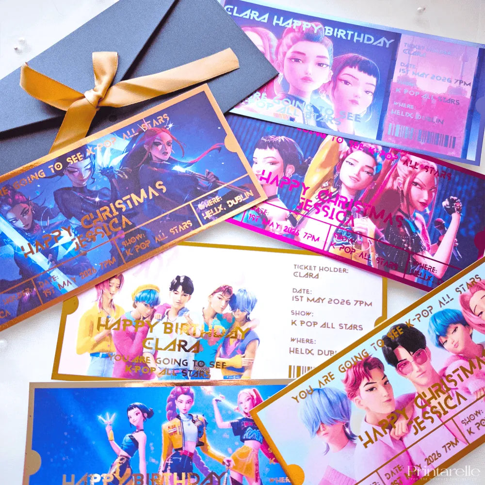 Collection of personalized birthday and Christmas invitations with colorful designs and text.