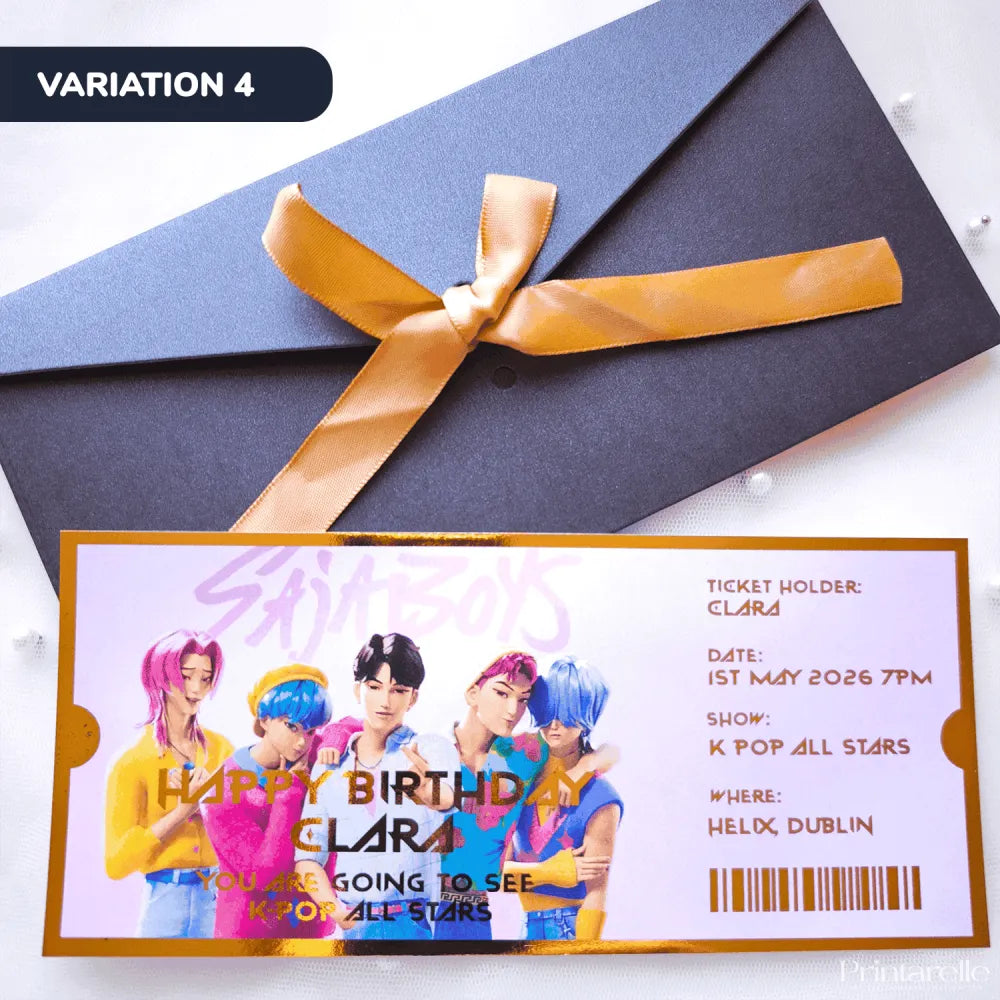 Ticket-style birthday invitation with K-pop group members and decorative envelope on a white background