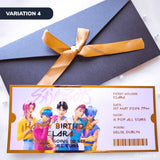 Ticket-style birthday invitation with K-pop group members and decorative envelope on a white background