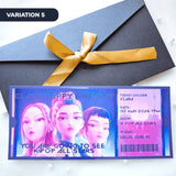Ticket holder with KPOP All Stars design and a black envelope with a gold ribbon on a white background.