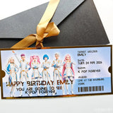 Birthday invitation card with K-pop theme and gold ribbon