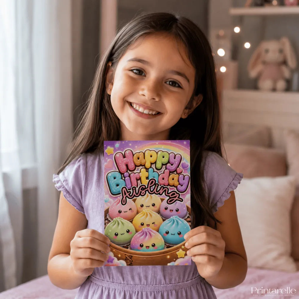 Personalised Kawaii Dumpling Birthday Card | Rainbow Sky - birthday card, kraft envelope, dreamy purple sky,