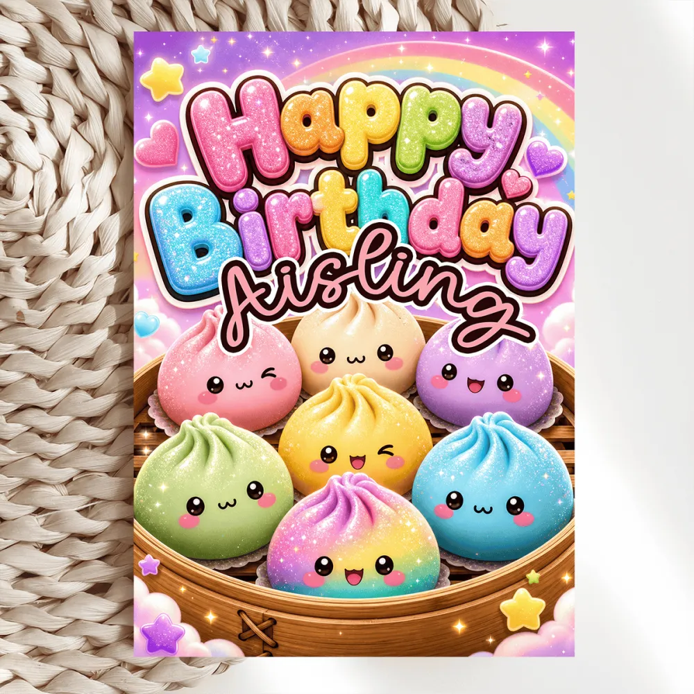 Personalised Kawaii Dumpling Birthday Card | Rainbow Sky - birthday card, kraft envelope, dreamy purple sky,