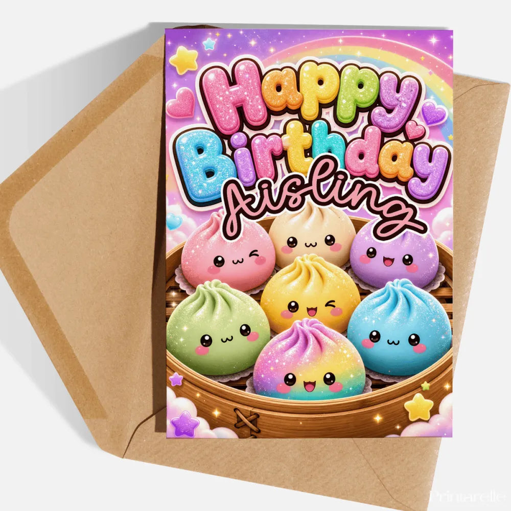 Personalised Kawaii Dumpling Birthday Card | Rainbow Sky - birthday card, kraft envelope, dreamy purple sky,
