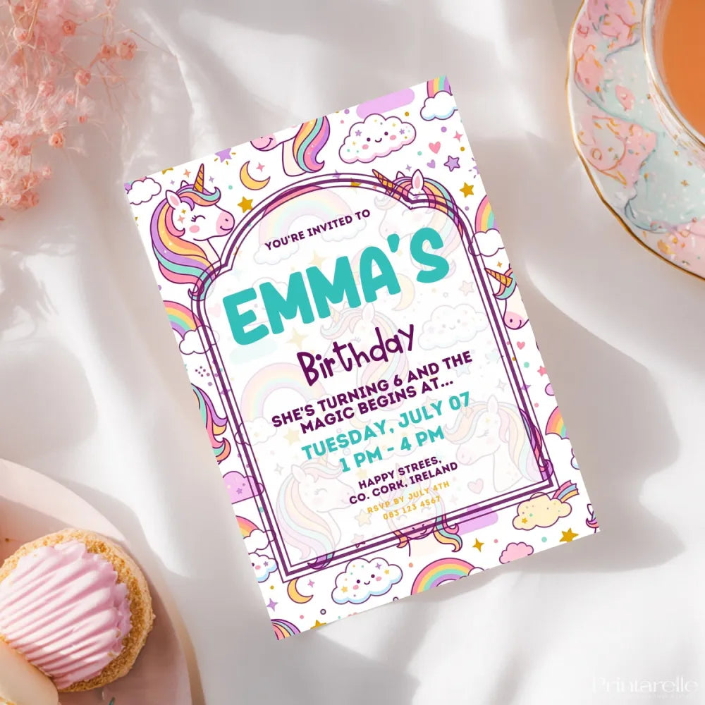 Personalised Kawaii Unicorn Birthday Party Invitation - unicorn birthday, kawaii unicorn birthday, kawaii unicorn,