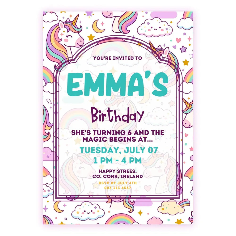 Personalised Kawaii Unicorn Birthday Party Invitation - unicorn birthday, kawaii unicorn birthday, kawaii unicorn,