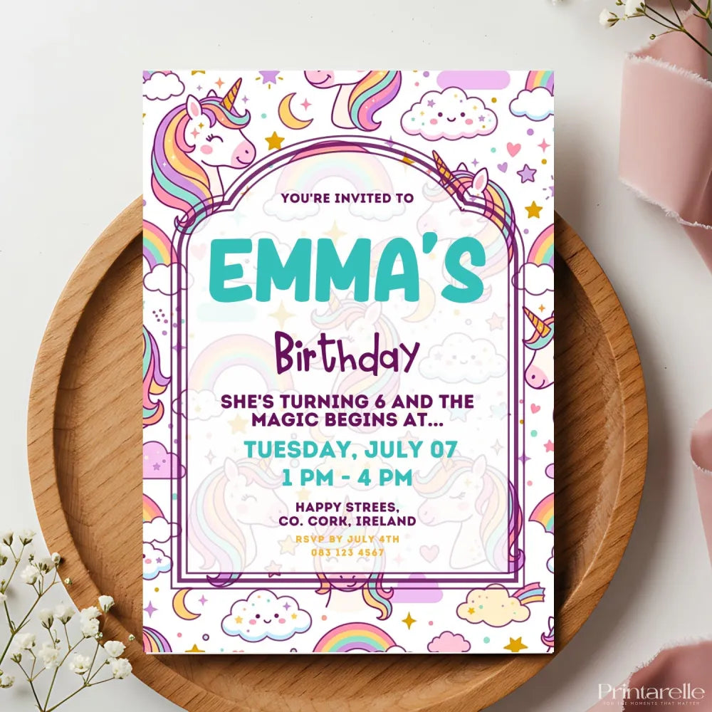 Personalised Kawaii Unicorn Birthday Party Invitation - unicorn birthday, kawaii unicorn birthday, kawaii unicorn,
