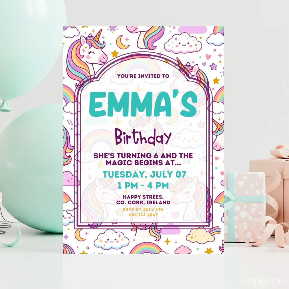 Personalised Kawaii Unicorn Birthday Party Invitation - unicorn birthday, kawaii unicorn birthday, kawaii unicorn,