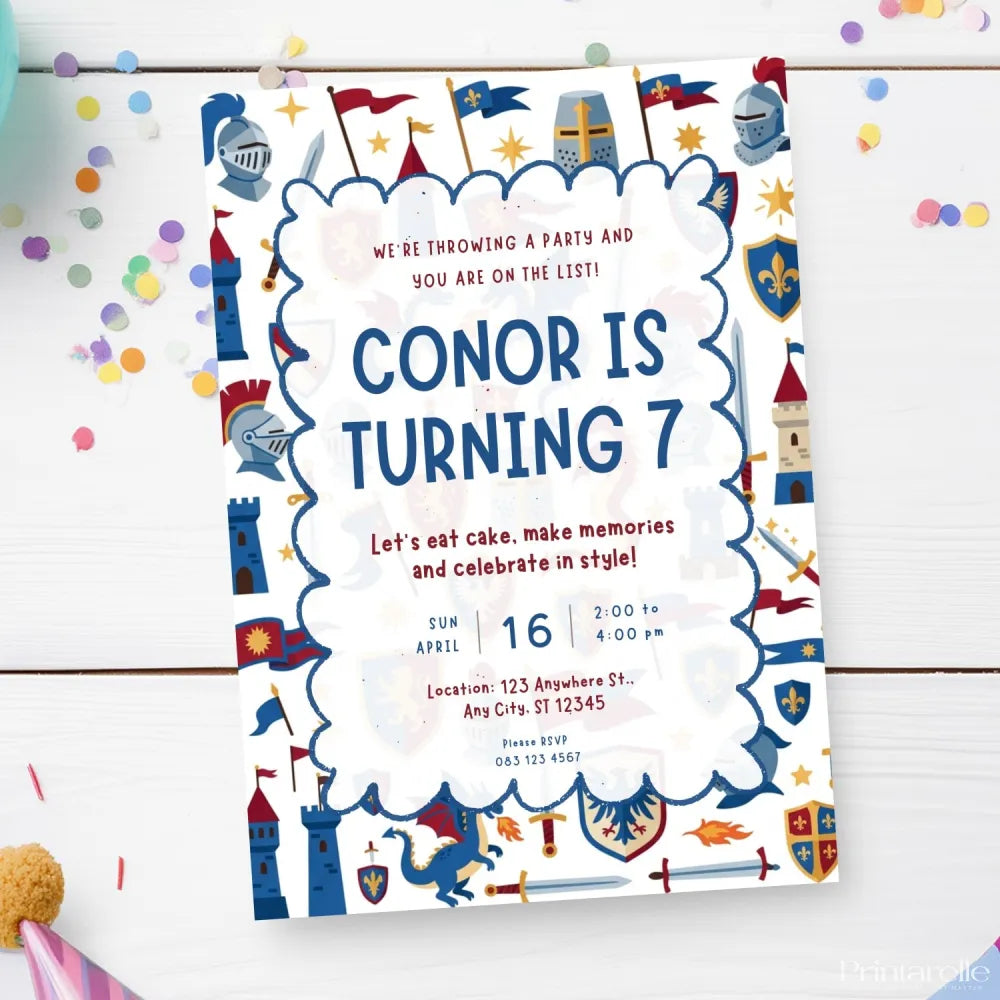 Personalised Knight & Medieval Birthday Party Invitation – Helmets Shields & Dragon Design - medieval birthday,