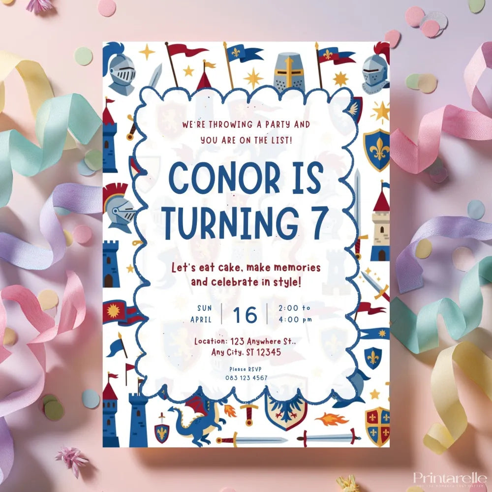 Personalised Knight & Medieval Birthday Party Invitation – Helmets Shields & Dragon Design - medieval birthday,