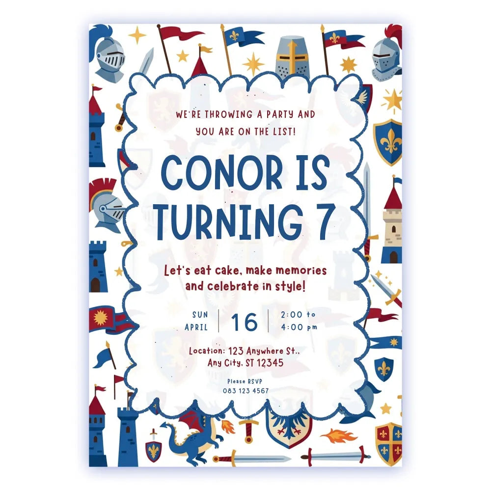 Personalised Knight & Medieval Birthday Party Invitation – Helmets Shields & Dragon Design - medieval birthday,