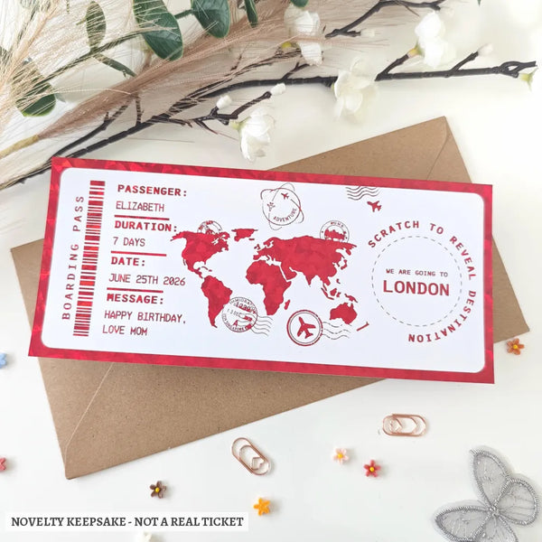 Personalised London Scratch to Reveal Boarding Pass | Surprise Reveal - red holographic foil, boarding pass, red