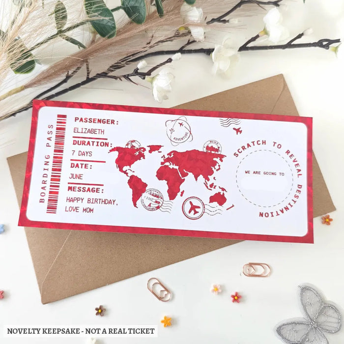 Personalised london scratch to reveal boarding pass with red holographic foil, world map, and scratch-off destination area