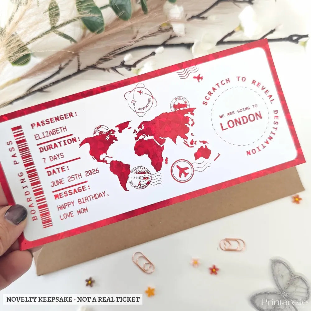 Personalised London Scratch to Reveal Boarding Pass | Surprise Reveal - red holographic foil, boarding pass, red