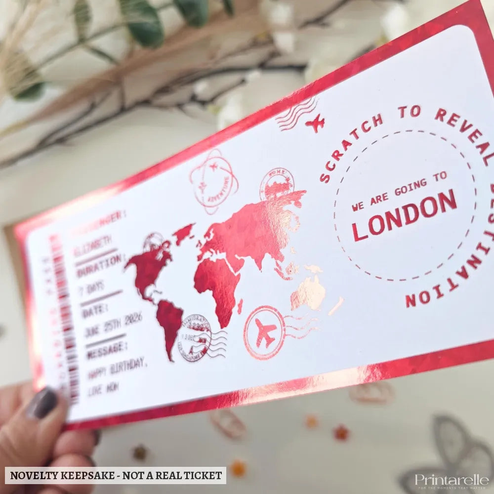 Personalised London Scratch to Reveal Boarding Pass | Surprise Reveal - red holographic foil, boarding pass, red