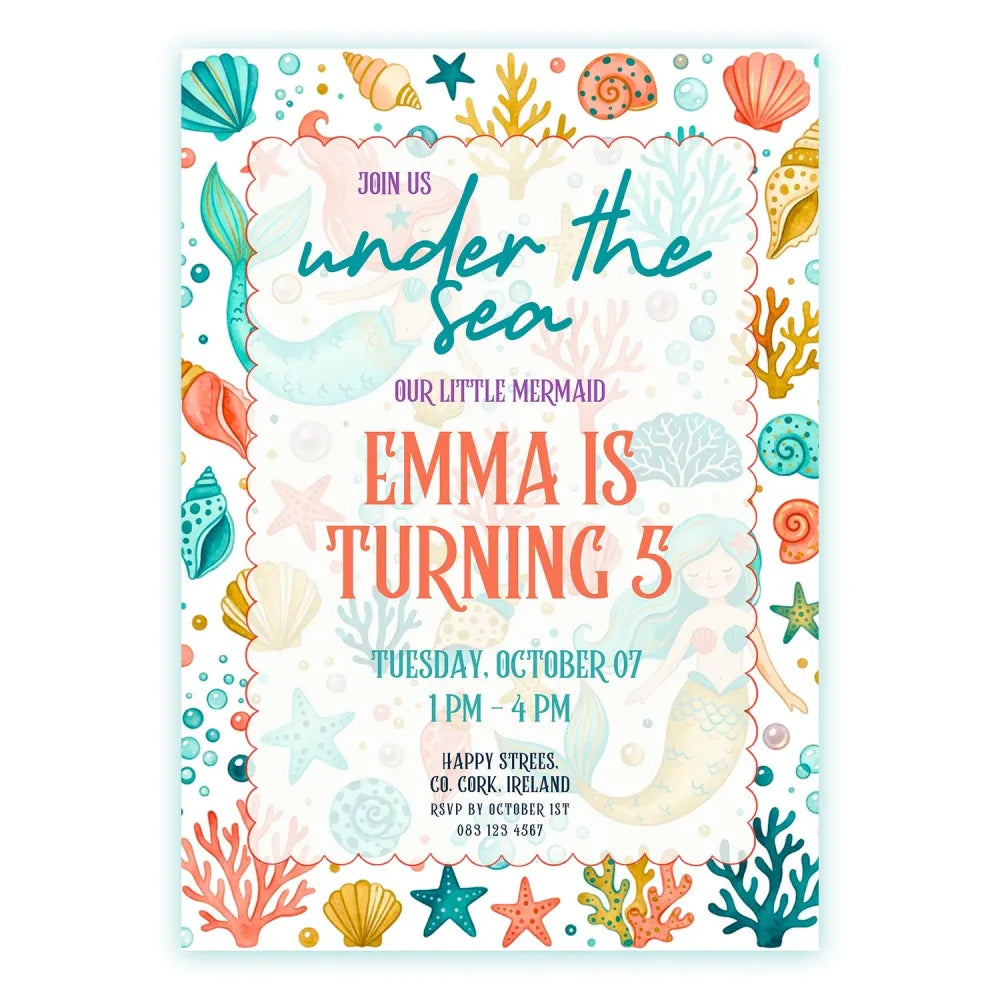 Personalised Mermaid Under the Sea Birthday Party Invitation - elegant mermaid, mermaid birthday, elegant mermaid
