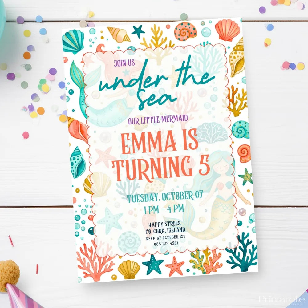 Personalised Mermaid Under the Sea Birthday Party Invitation - elegant mermaid, mermaid birthday, elegant mermaid