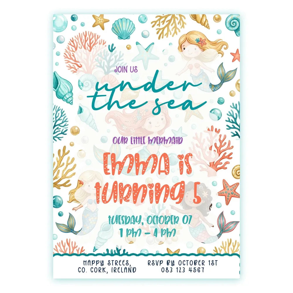Personalised Mermaid Under the Sea Birthday Party Invitation - birthday party invitation, mermaid birthday, mermaid