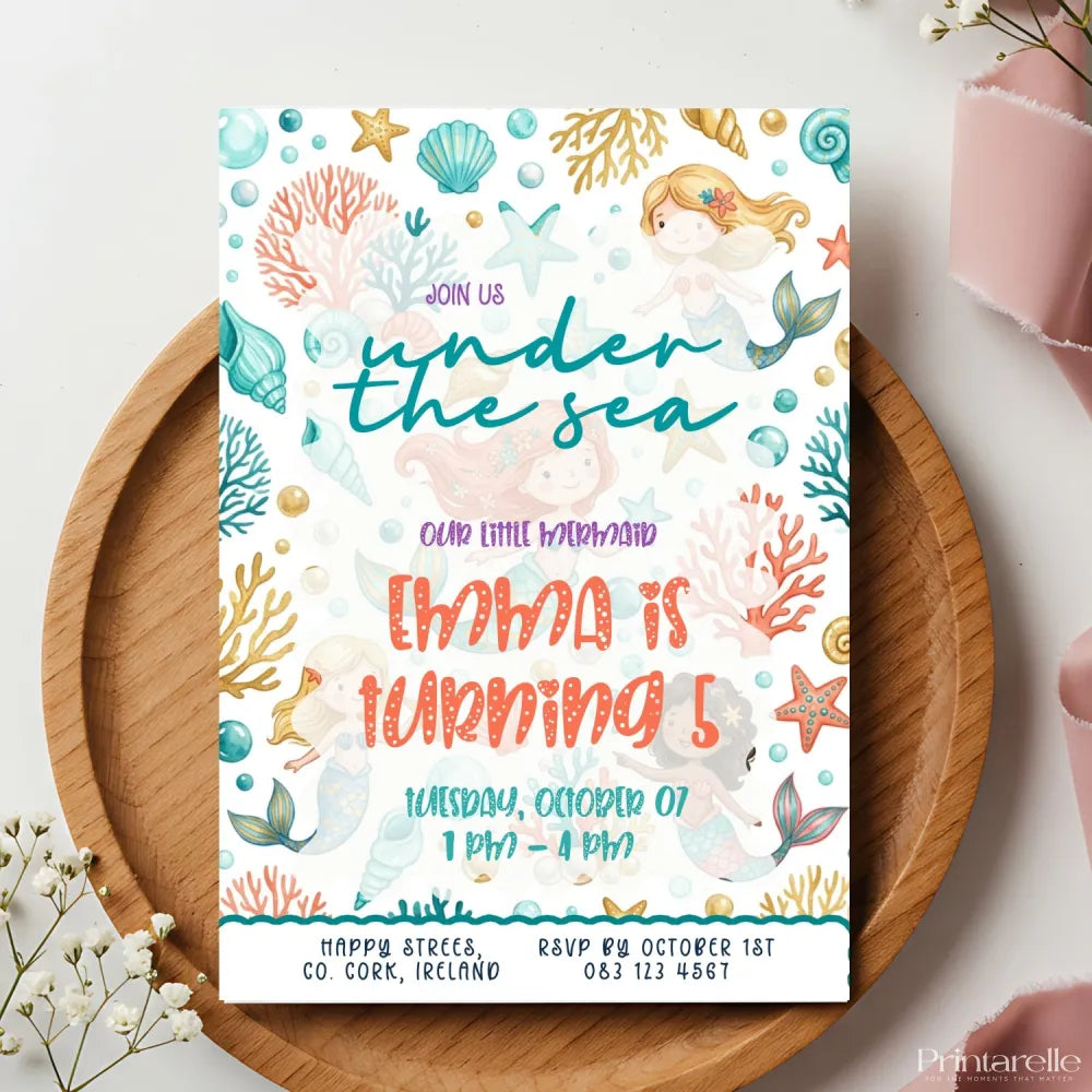 Personalised Mermaid Under the Sea Birthday Party Invitation - birthday party invitation, mermaid birthday, mermaid