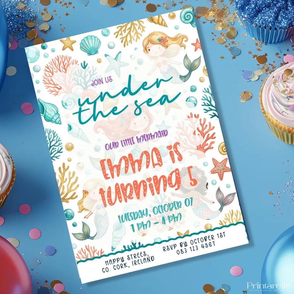 Personalised Mermaid Under the Sea Birthday Party Invitation - birthday party invitation, mermaid birthday, mermaid