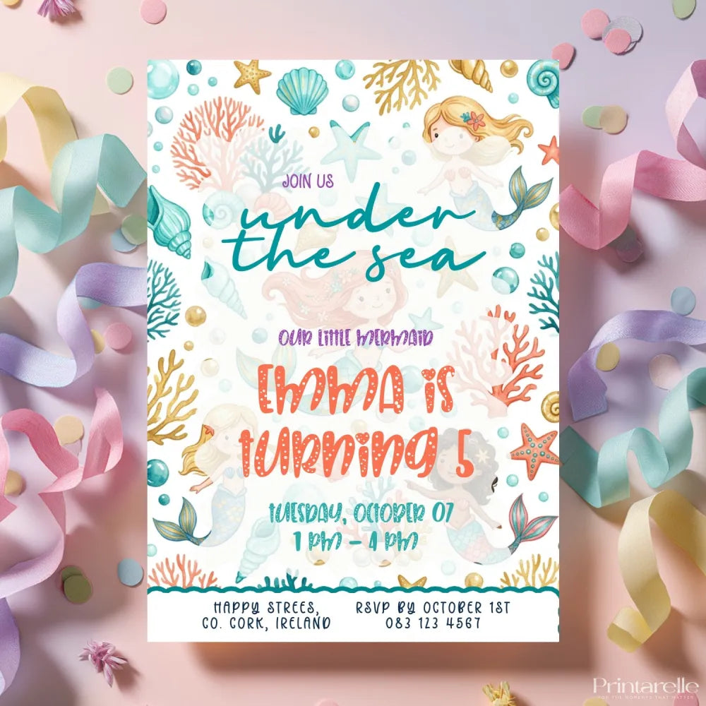 Personalised Mermaid Under the Sea Birthday Party Invitation - birthday party invitation, mermaid birthday, mermaid