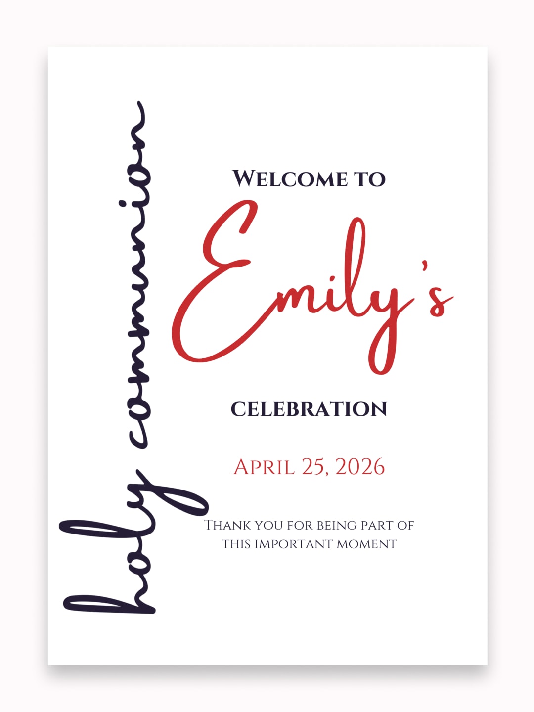 Personalised Modern Script First Holy Communion Welcome Sign - Party Decor - Printarelle