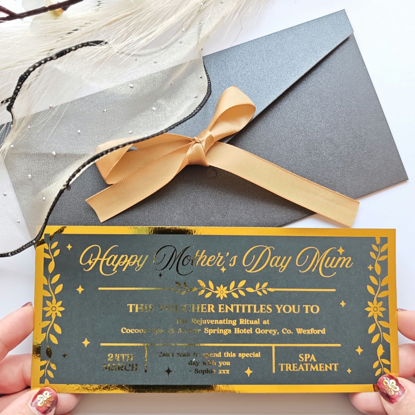 Personalised Mother’s Day Spa Voucher Gold Foil DL Ireland - Foil Tickets - Printarelle