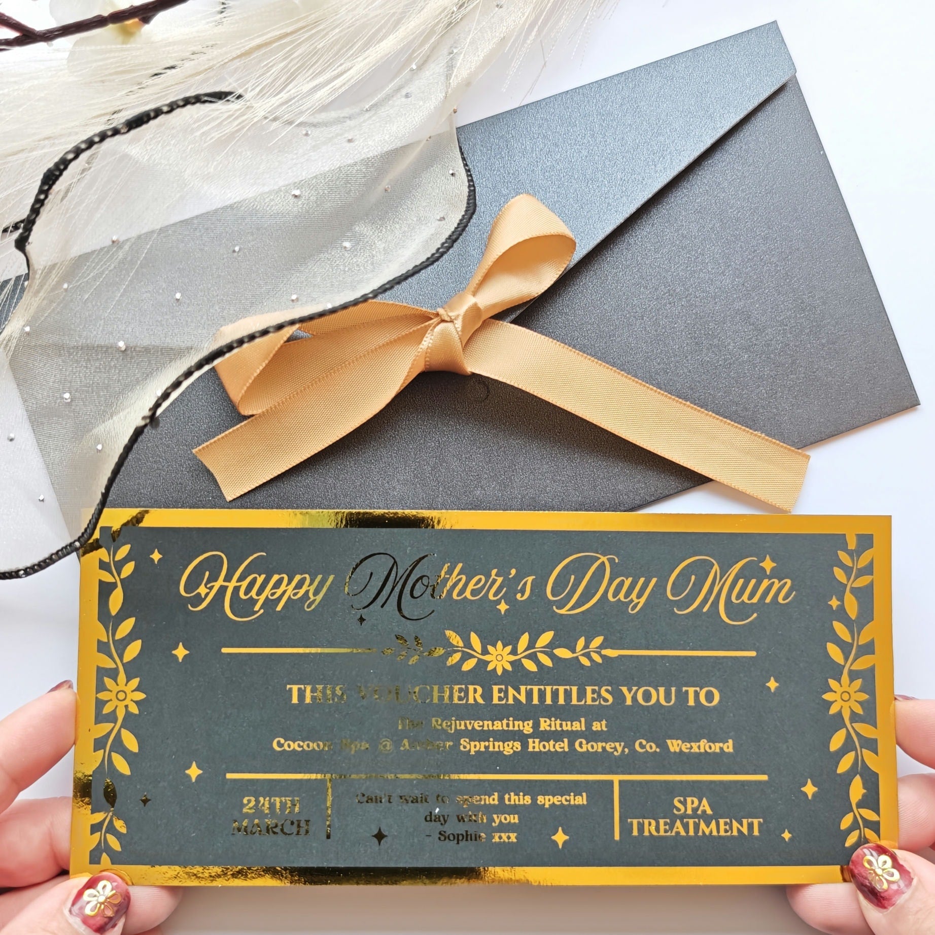 Personalised Mother’s Day Spa Voucher Gold Foil DL Ireland - Foil Tickets - Printarelle