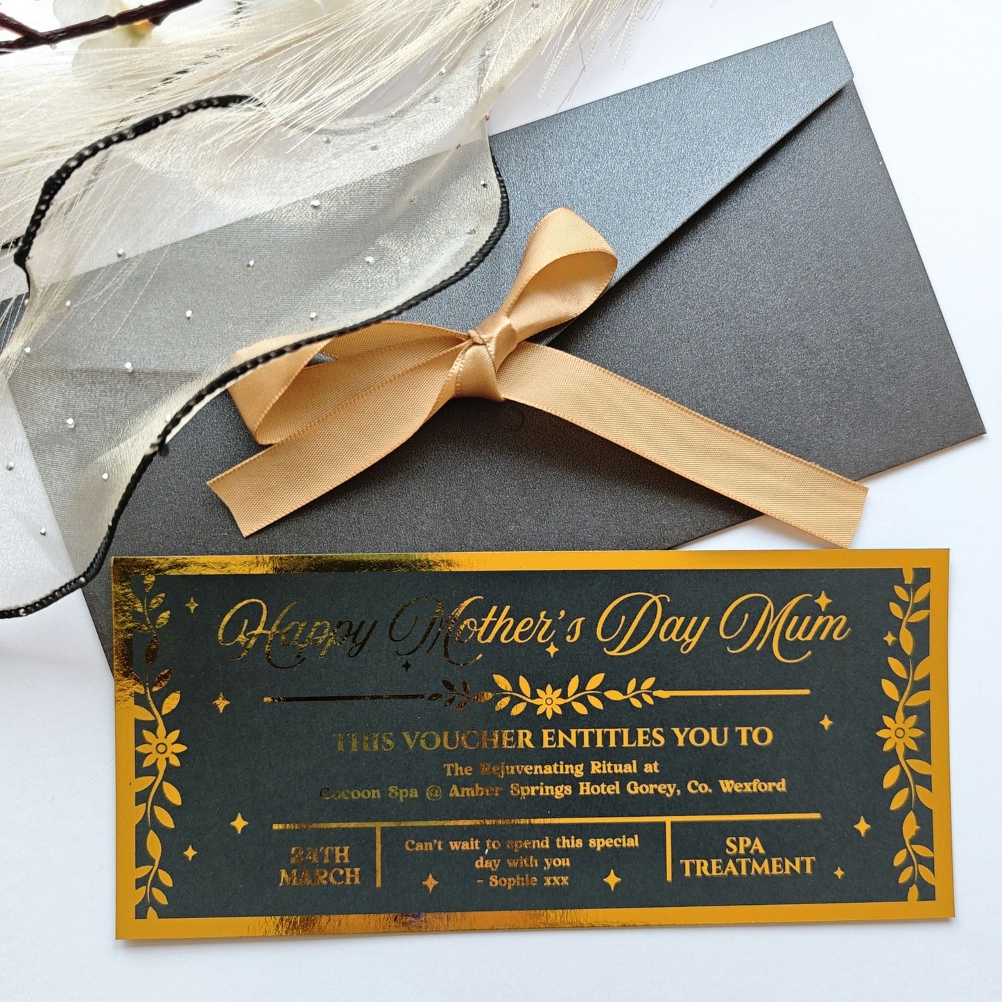 Personalised Mother’s Day Spa Voucher Gold Foil DL Ireland - Foil Tickets - Printarelle