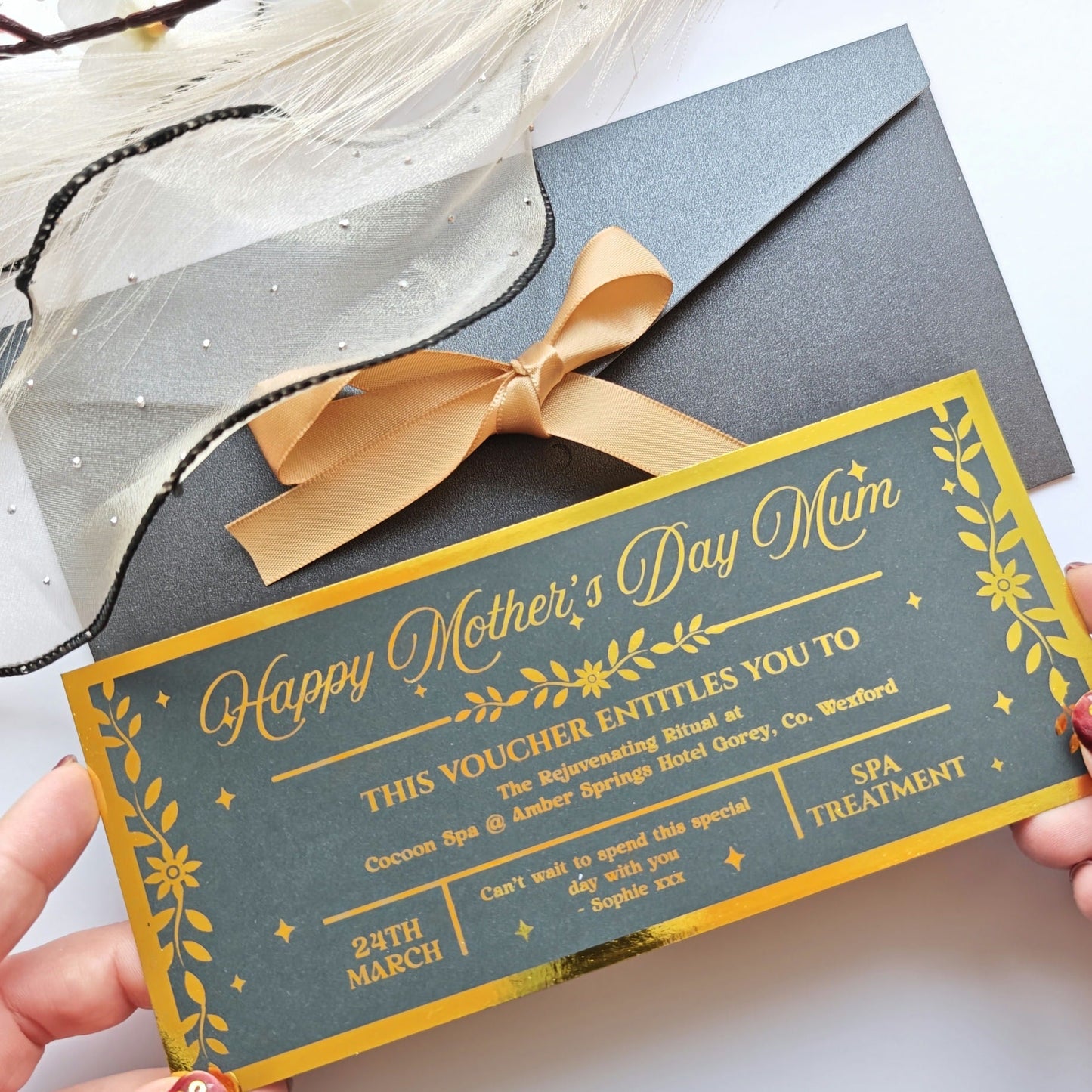 Personalised Mother’s Day Spa Voucher Gold Foil DL Ireland - Foil Tickets - Printarelle