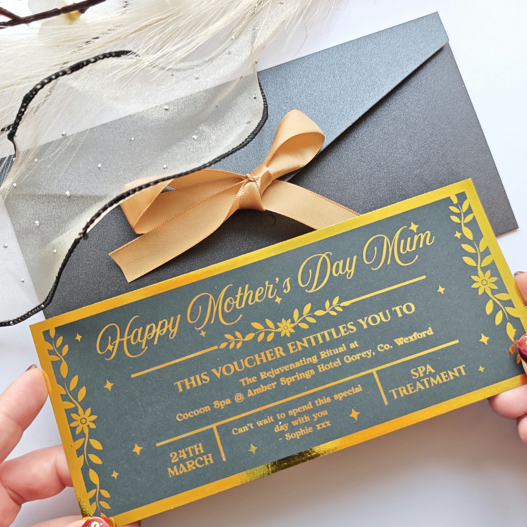 Personalised Mother’s Day Spa Voucher Gold Foil DL Ireland - Foil Tickets - Printarelle