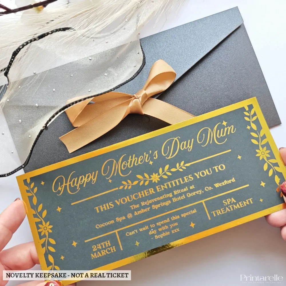 Personalised Mother’s Day Spa Voucher Gold Foil DL Ireland - gold foil, mother’s day, spa voucher, foil colours, gold