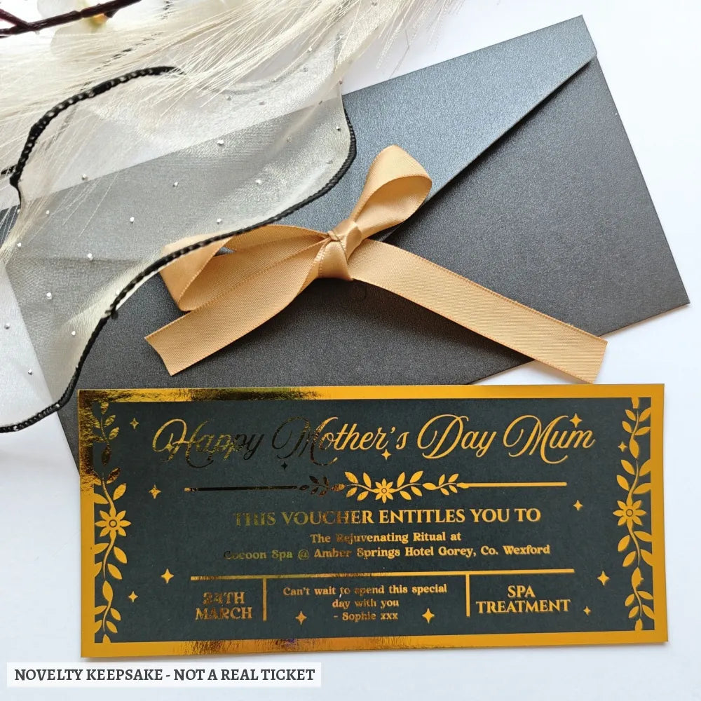 Personalised Mother’s Day Spa Voucher Gold Foil DL Ireland - gold foil, mother’s day, spa voucher, foil colours, gold