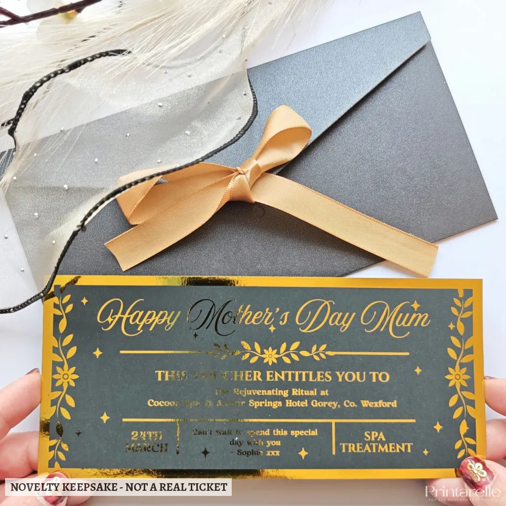 Personalised Mother’s Day Spa Voucher Gold Foil DL Ireland - gold foil, mother’s day, spa voucher, foil colours, gold