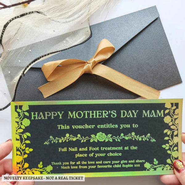 Personalised mothers day spa voucher in black and green with gold foil lettering and floral borders featuring a child message