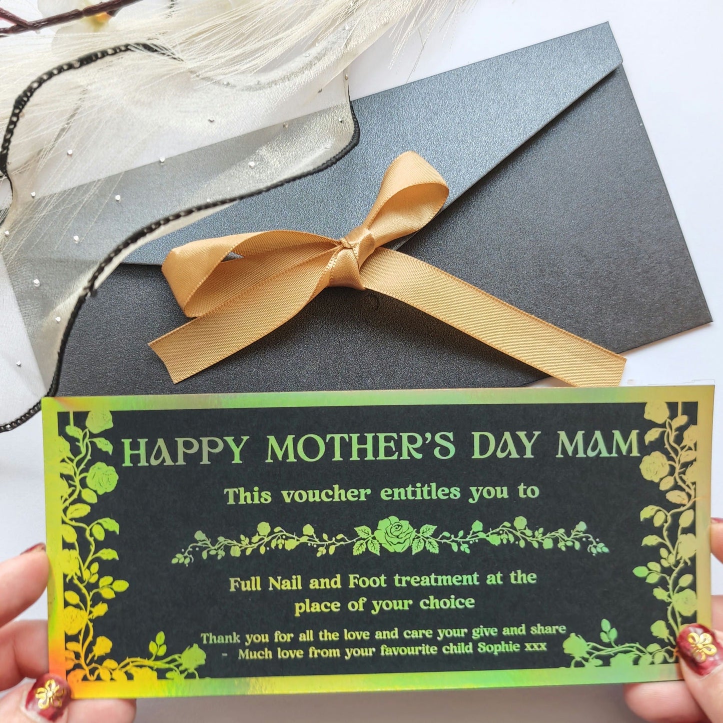 Personalised Mother’s Day Spa Voucher Green Foil DL Ireland - Foil Tickets - Printarelle