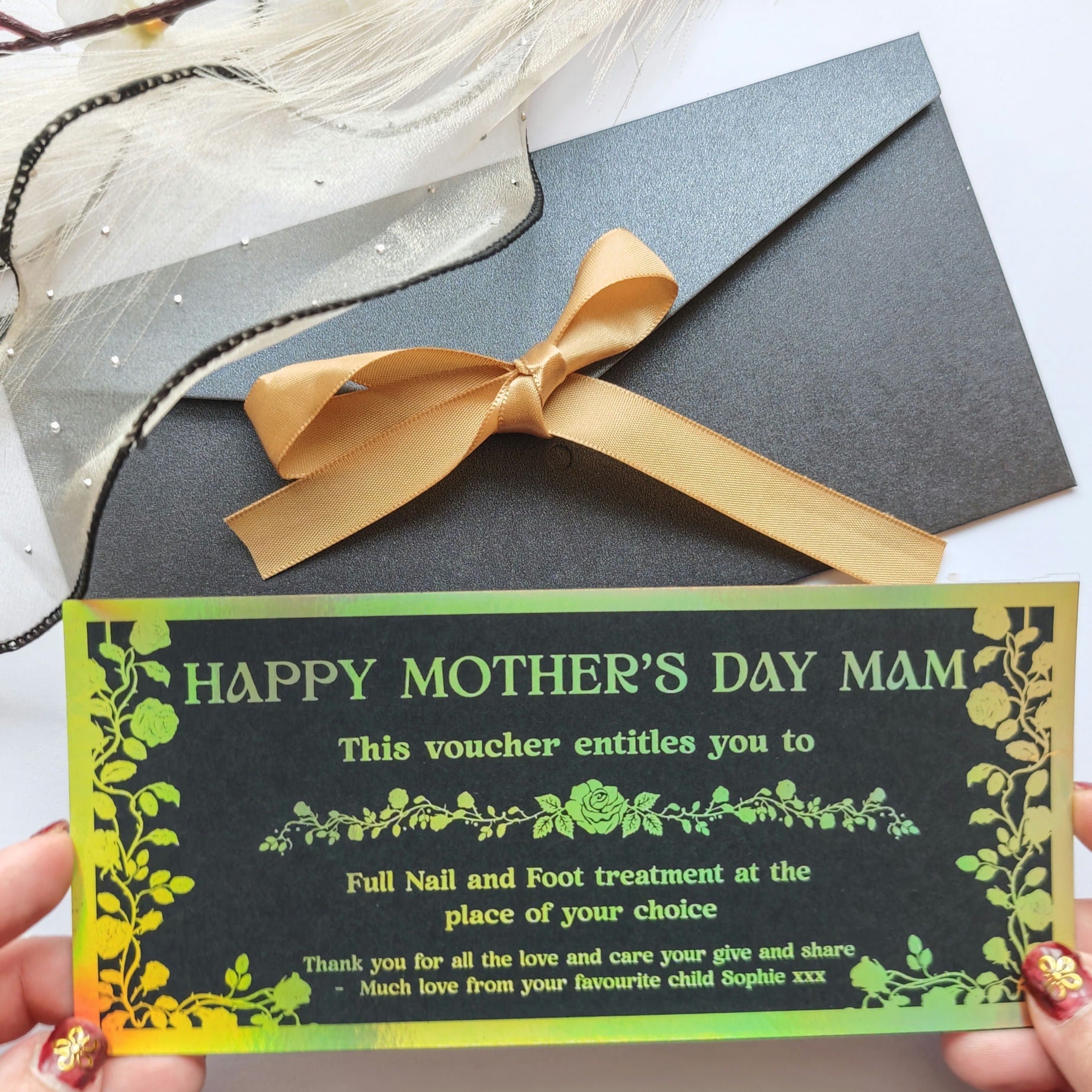 Personalised Mother’s Day Spa Voucher Green Foil DL Ireland - Foil Tickets - Printarelle