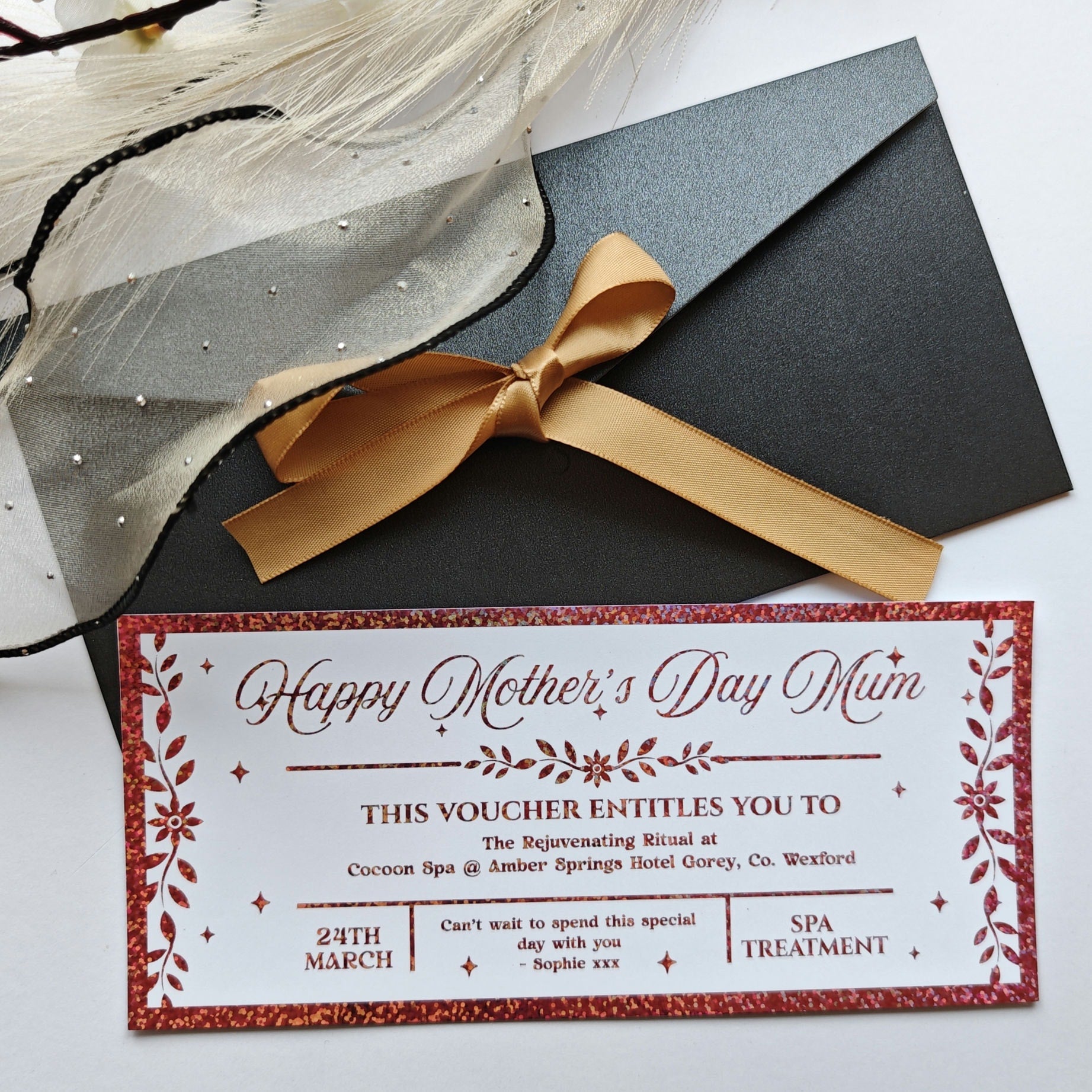 Personalised Mother’s Day Spa Voucher Rose Gold Foil Ireland - Foil Tickets - Printarelle