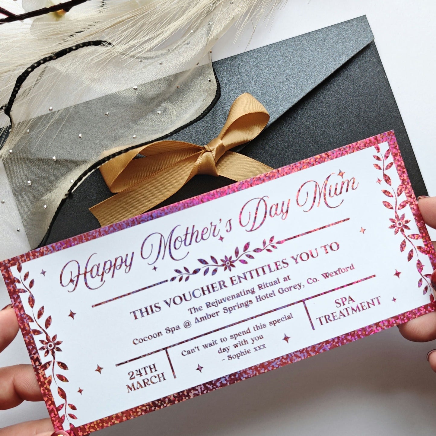 Personalised Mother’s Day Spa Voucher Rose Gold Foil Ireland - Foil Tickets - Printarelle