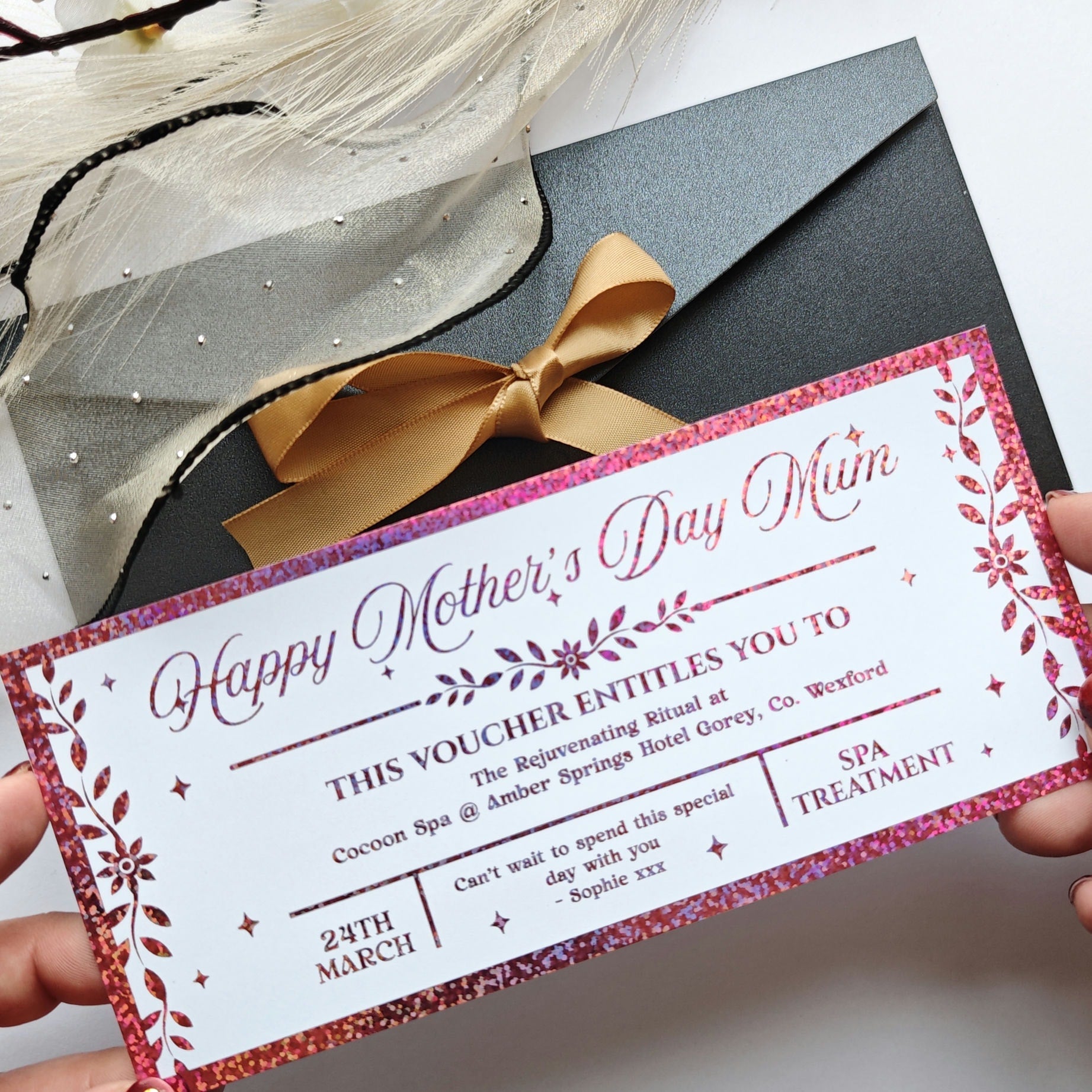 Personalised Mother’s Day Spa Voucher Rose Gold Foil Ireland - Foil Tickets - Printarelle