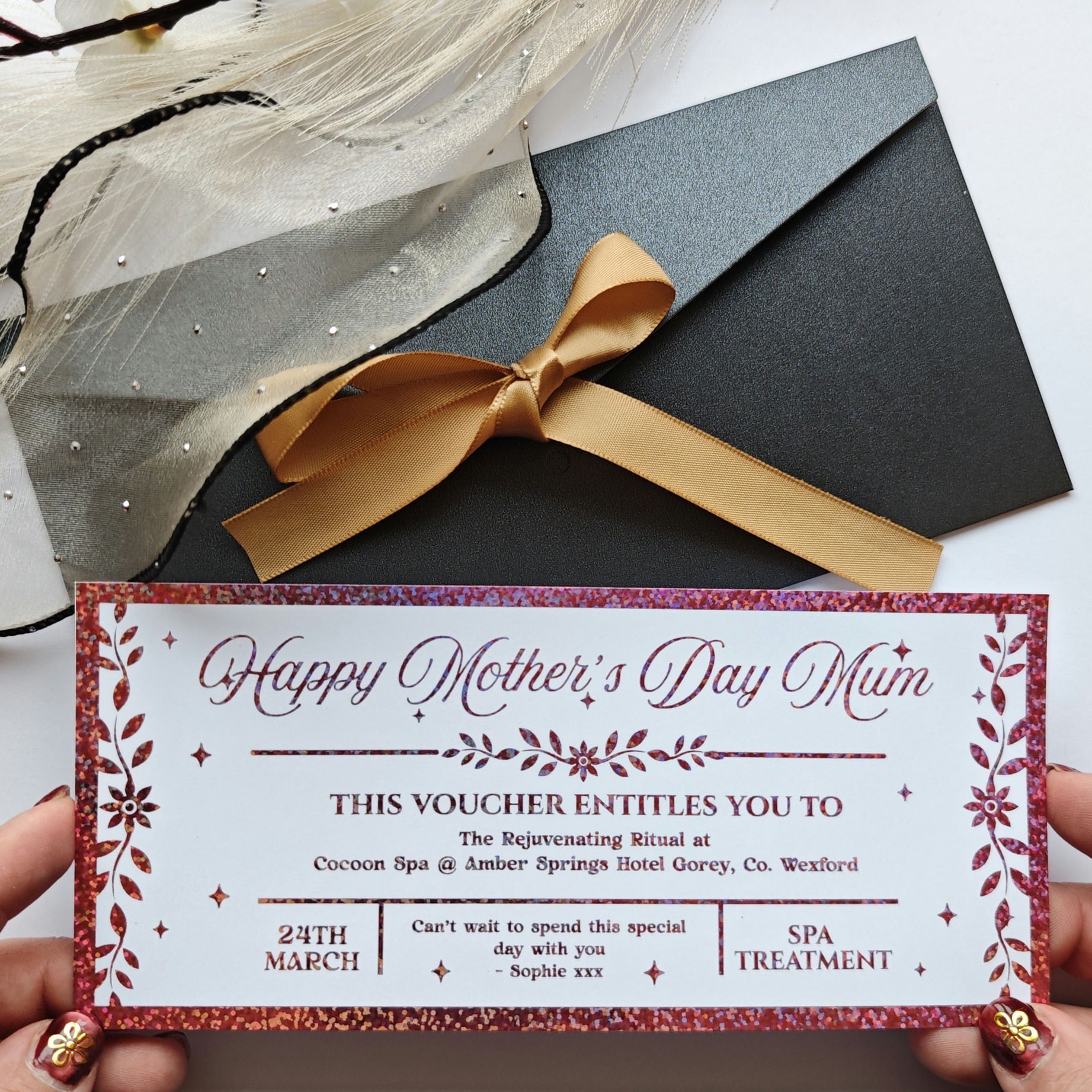 Personalised Mother’s Day Spa Voucher Rose Gold Foil Ireland - Foil Tickets - Printarelle