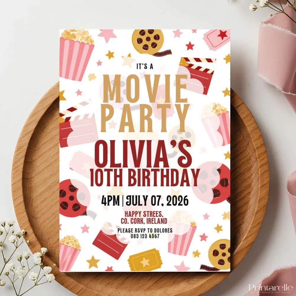 Personalised Movie Night Birthday Party Invitation - movie night birthday, movie night, night birthday, personalised