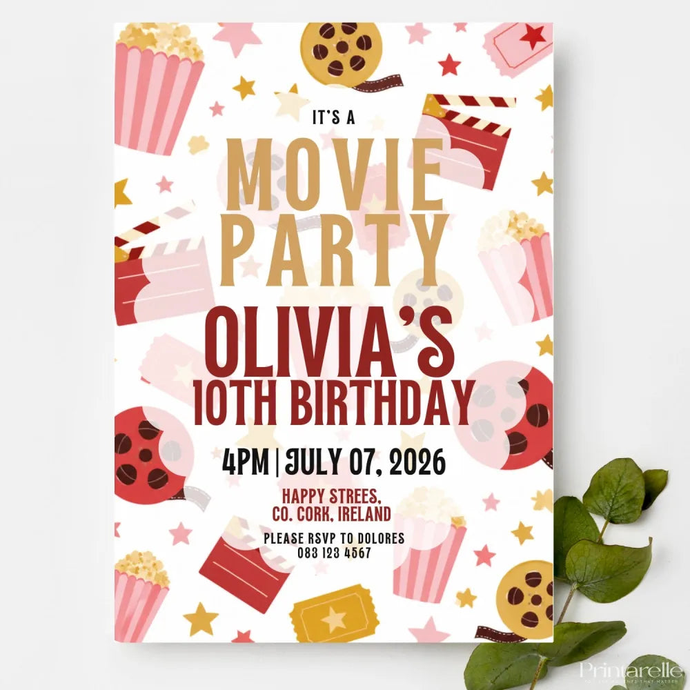 Personalised Movie Night Birthday Party Invitation - movie night birthday, movie night, night birthday, personalised